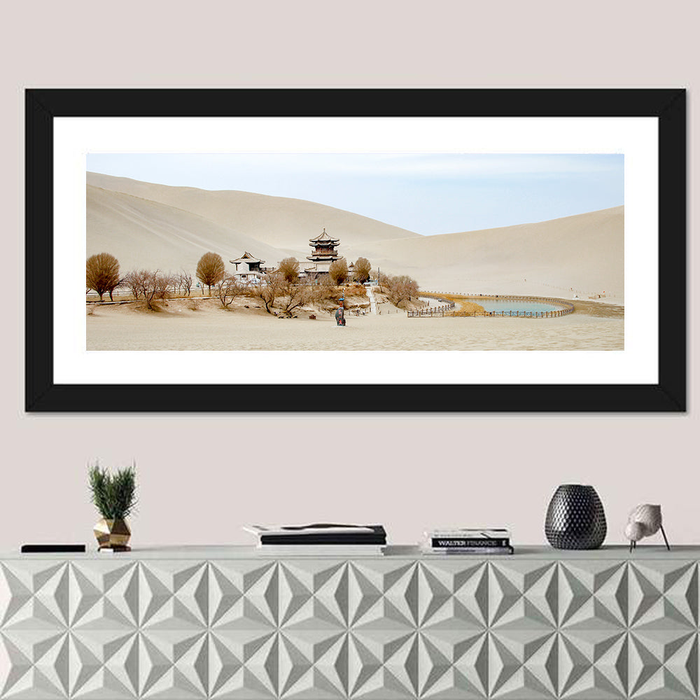 Crescent Lake Temple Dunes Wall Art in a room, panoramic