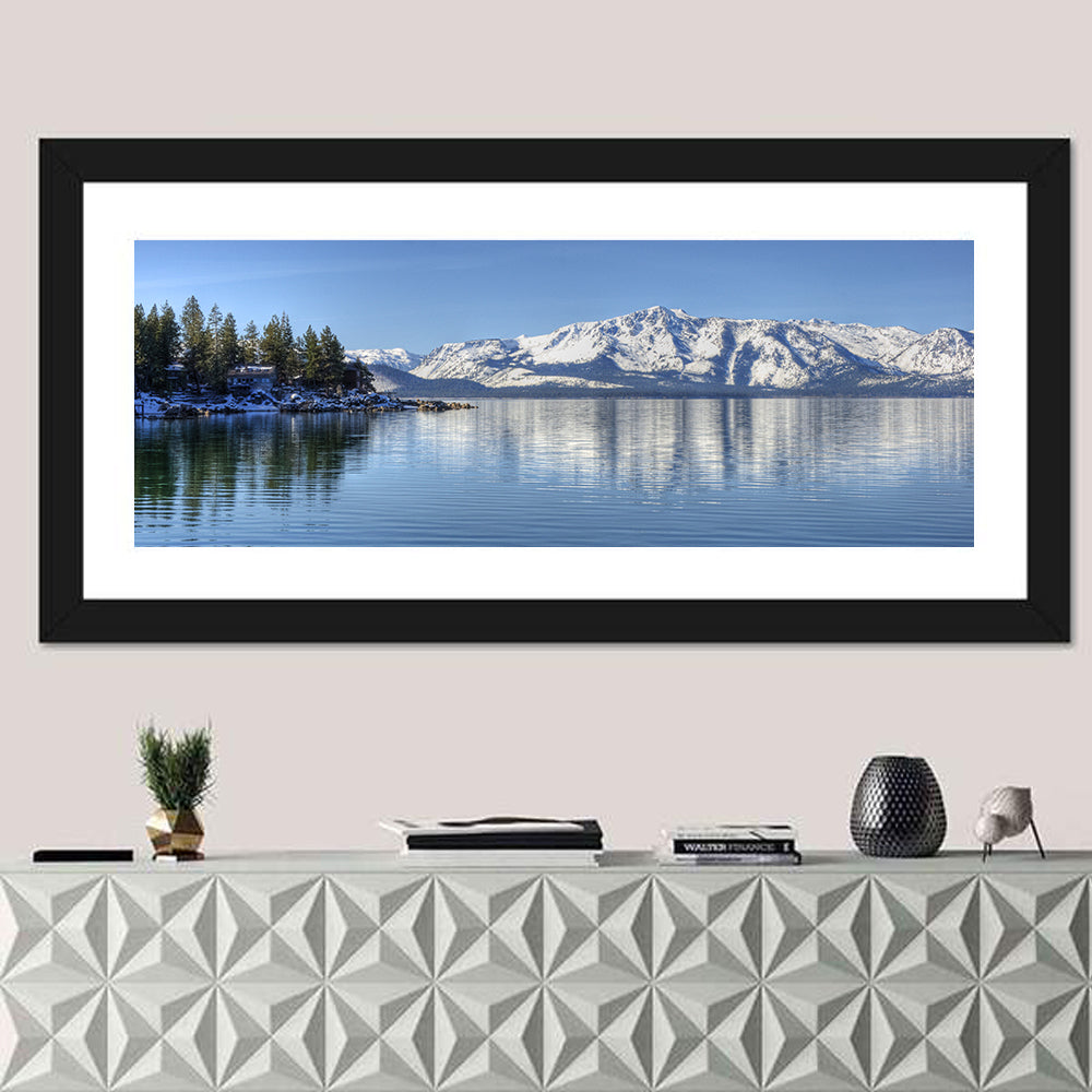 Elk Point Lake Tahoe Reflection Wall Art in a room, panoramic