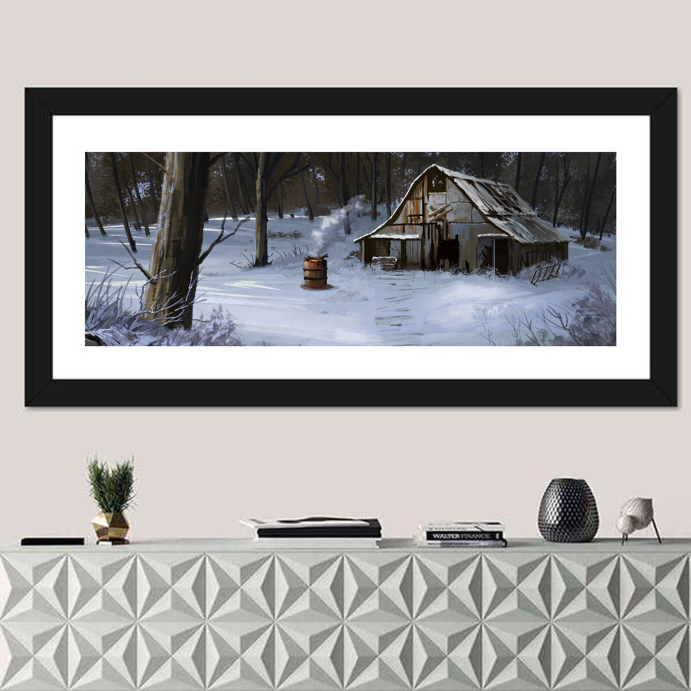 Snowy Barn in Winter Forest Wall Art
