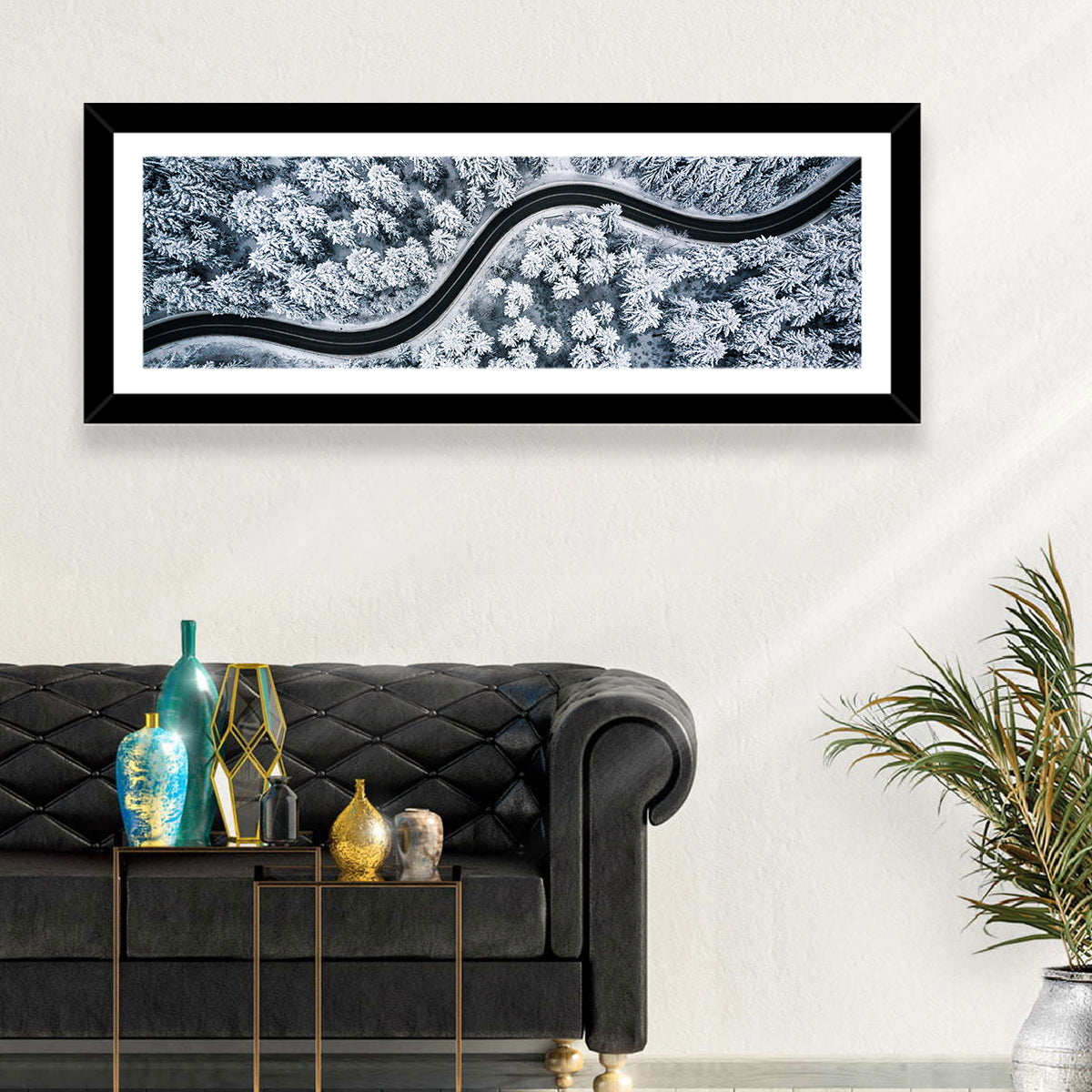 S-curve Winter Forest Road Wall Art in a room, panoramic