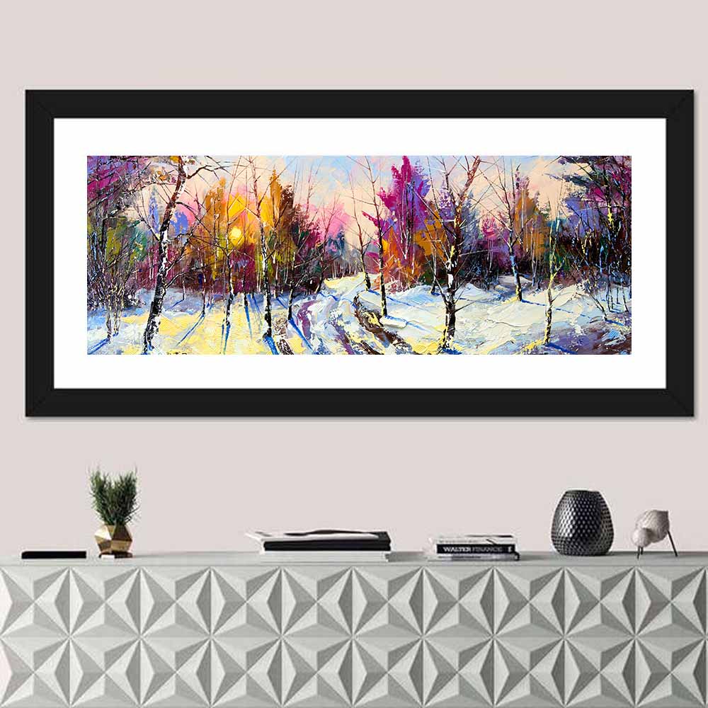 Snowy Birch Path at Sunset Wall Art in a room, panoramic