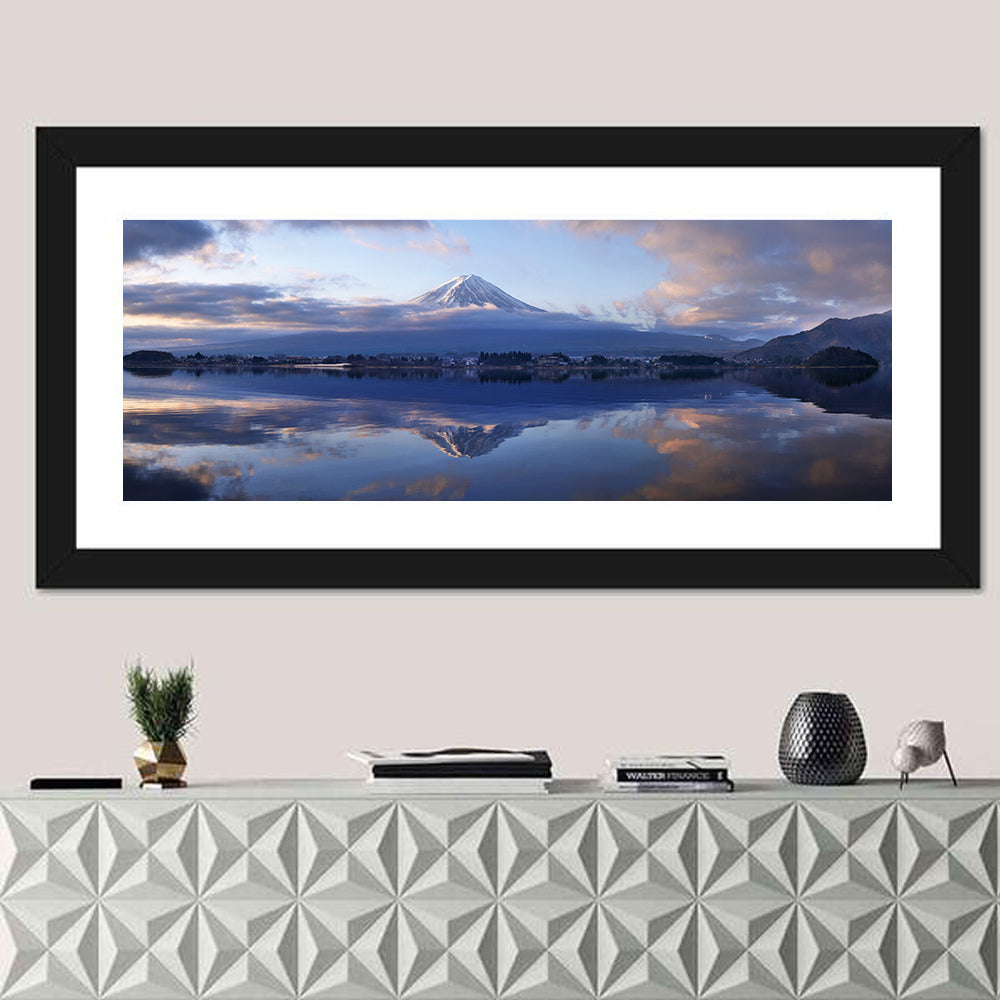 Mount Fuji Reflection at Lake Kawaguchi Wall Art in a room, panoramic