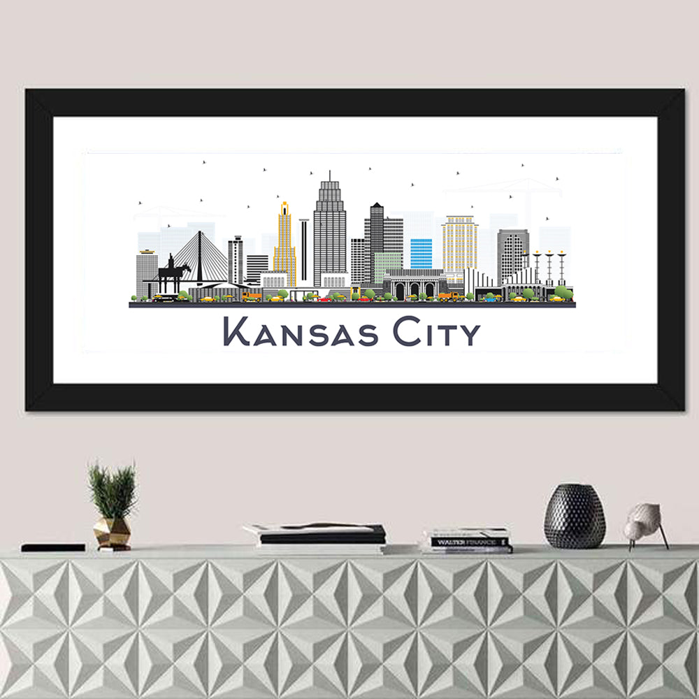 Kansas City Skyline Wall Art in a room, panoramic