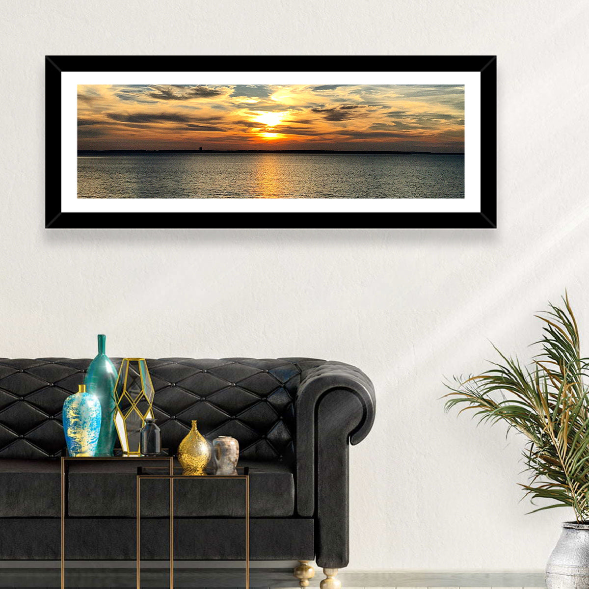 Texoma Lake Sunset Wall Art in a room, panoramic
