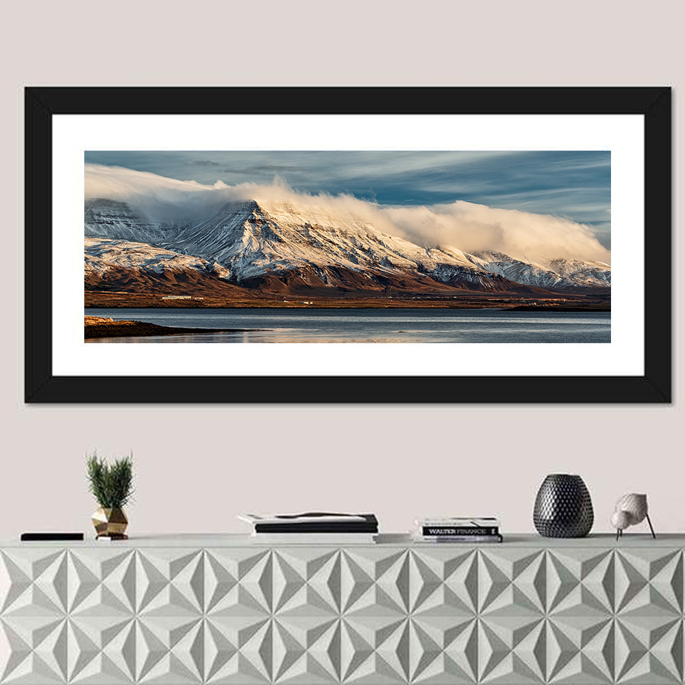 Reykjavik Golden Hour Mountains Wall Art in a room, panoramic