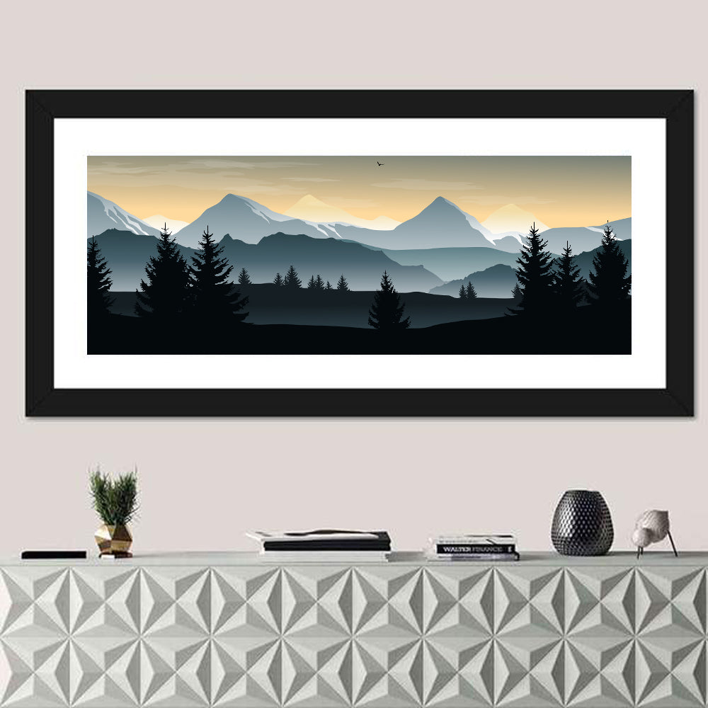 Misty Hills Sunset Silhouette Wall Art in a room, panoramic