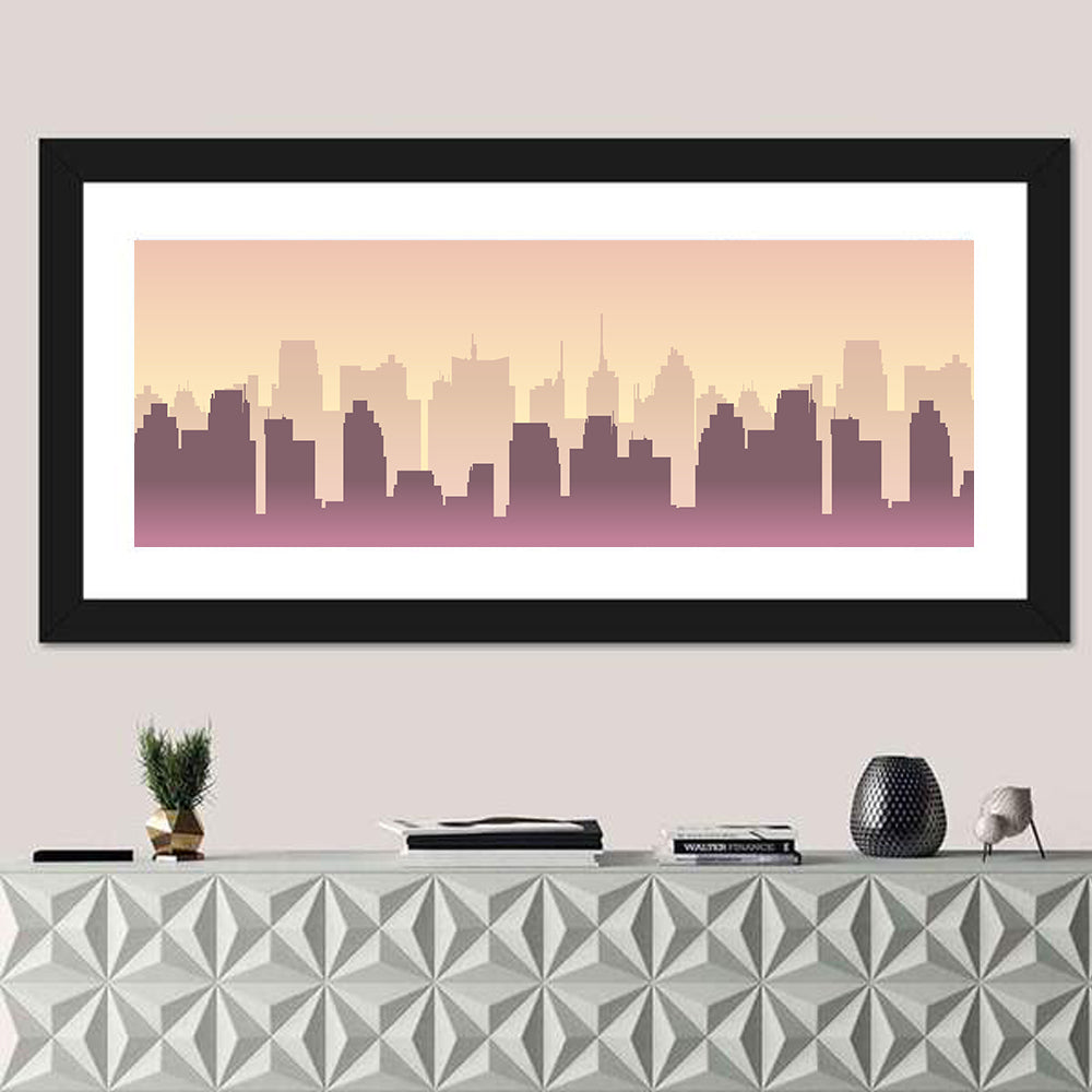 Silhouetted City Skyline Wall Art in a room, panoramic