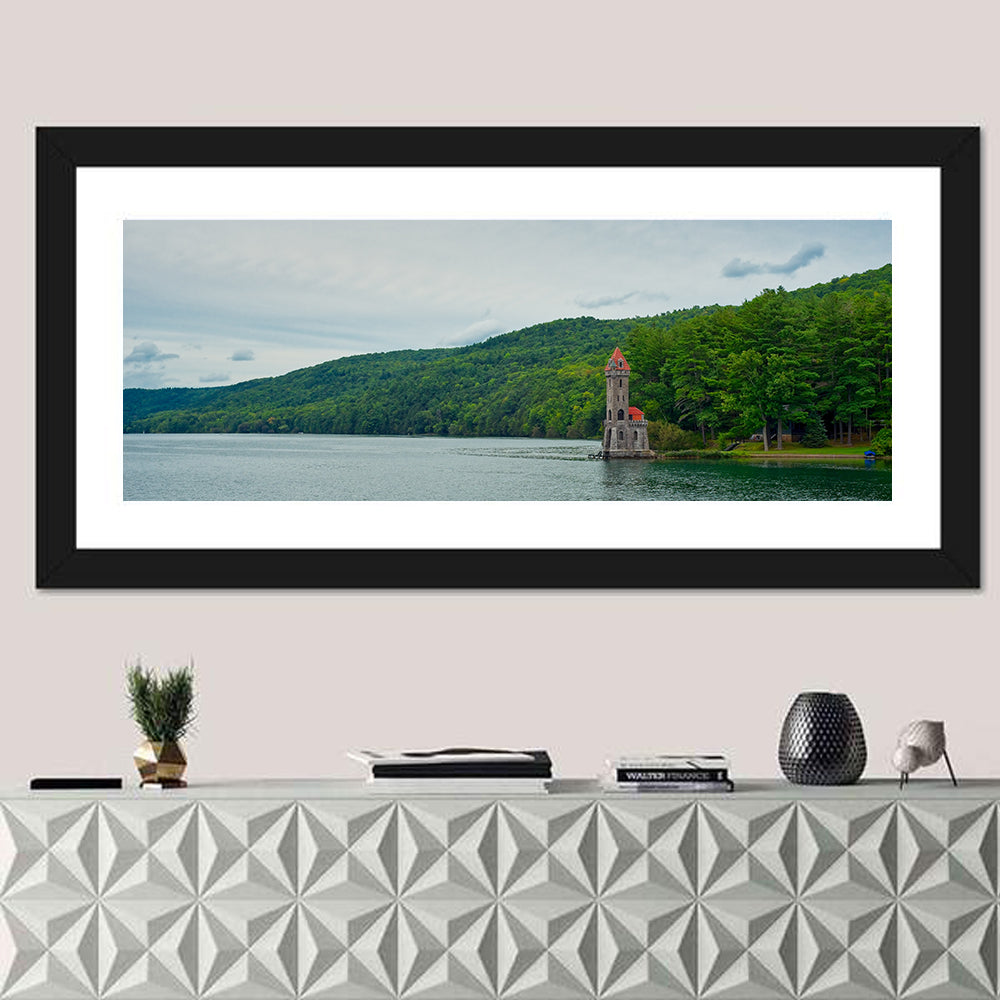 Otsego Lake View with Stone Tower Wall Art in a room, panoramic
