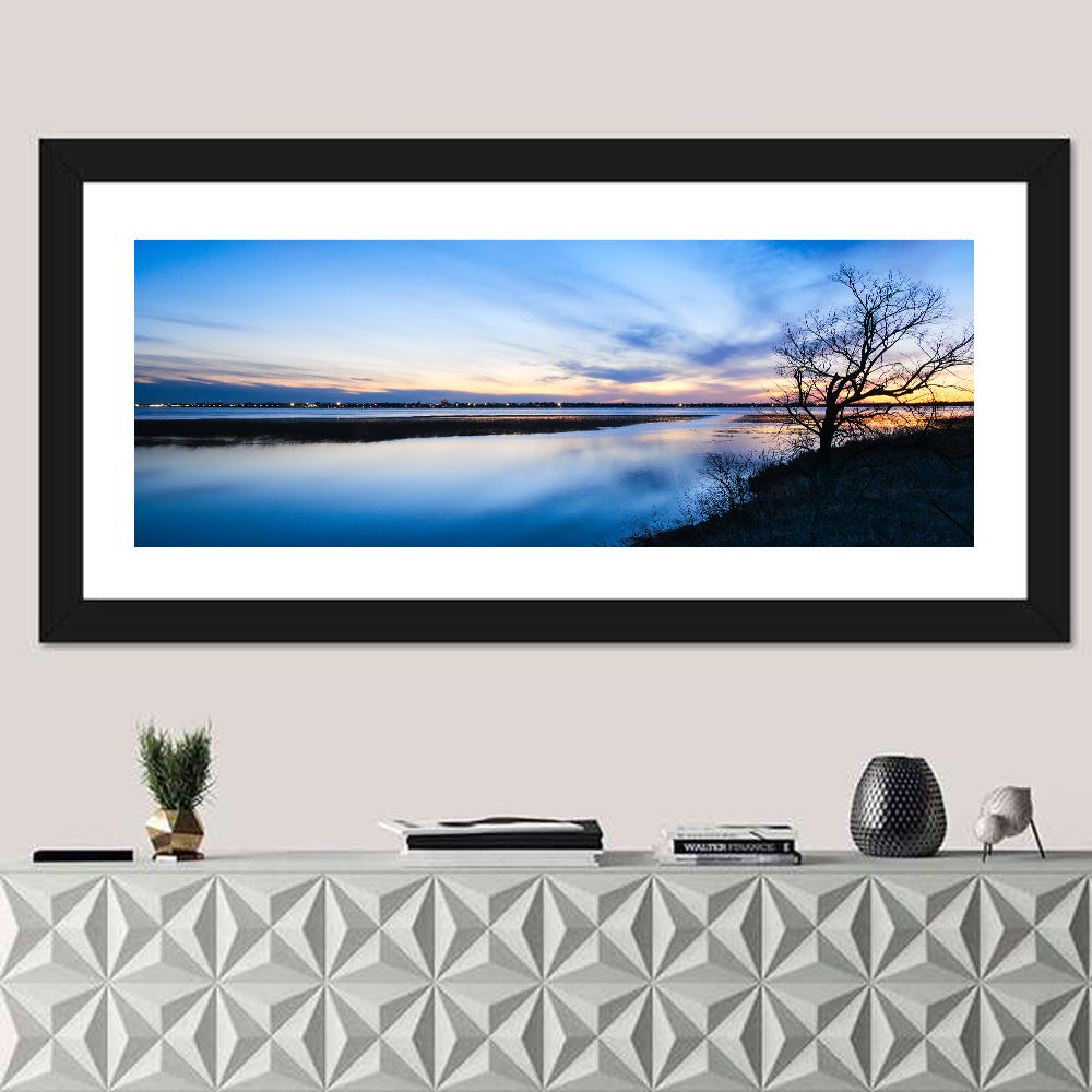 Lake Bemidji Twilight Wall Art in a room, panoramic