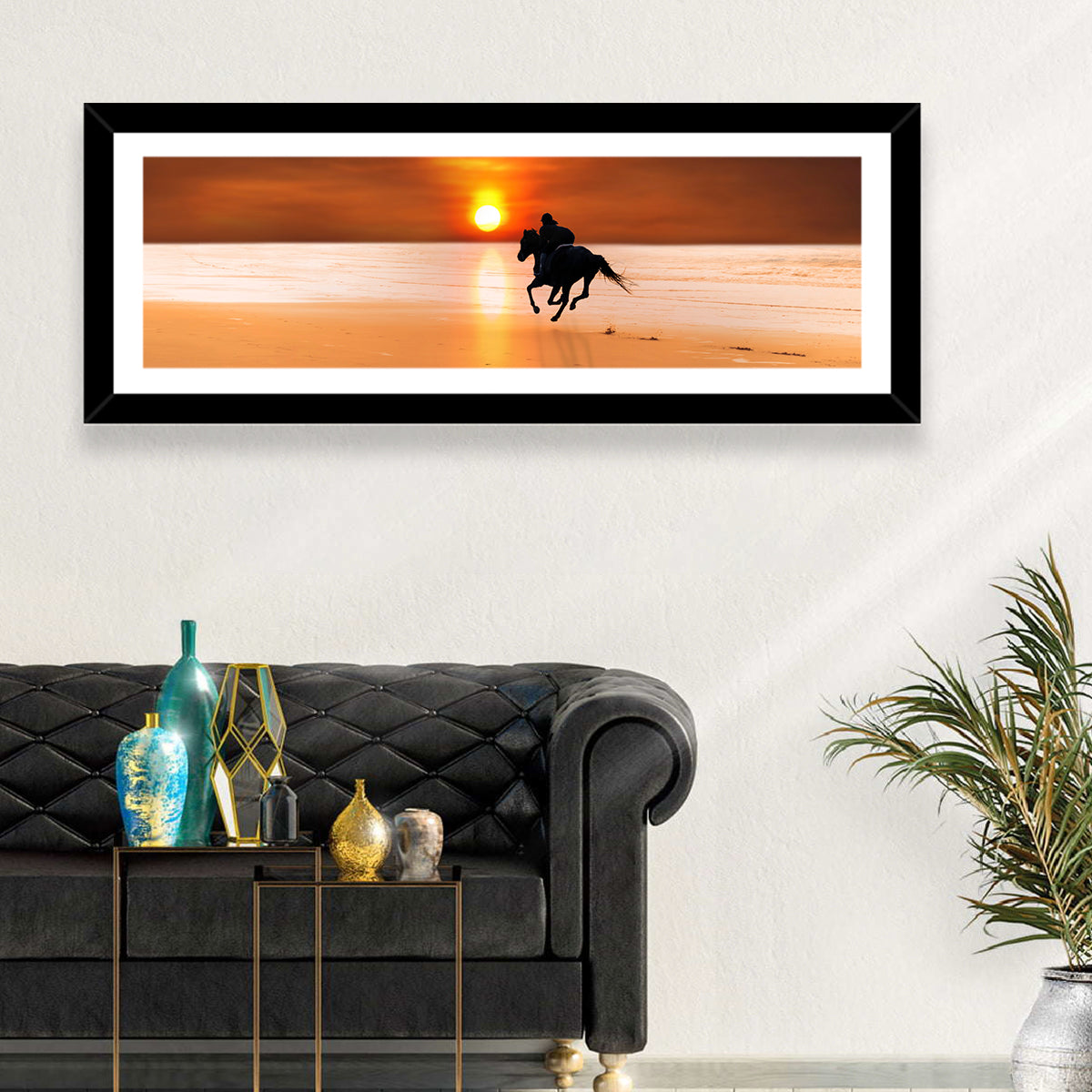 Horse and Rider at Sunset Wall Art in a room, panoramic