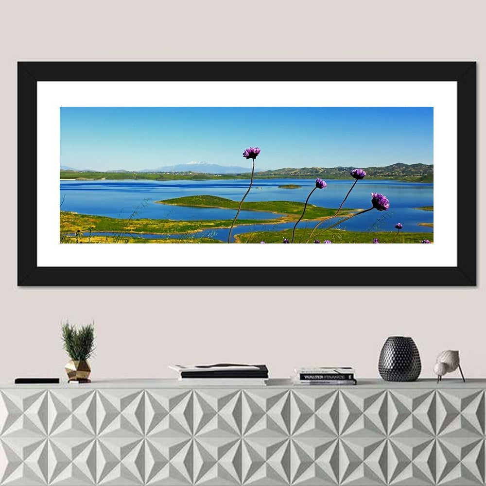 Lake Mathews Wildflower View Wall Art in a room, panoramic