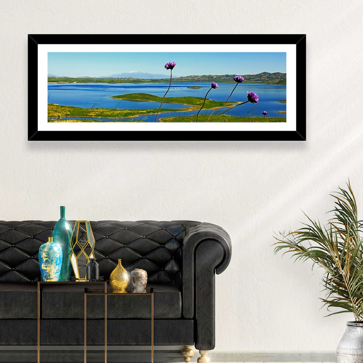 Lake Mathews Wildflower View Wall Art in a room, panoramic