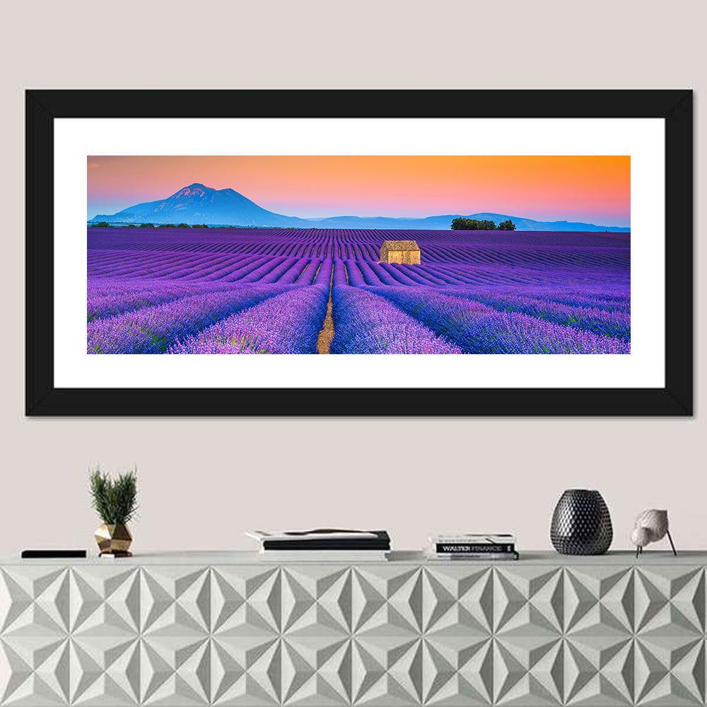 Valensole Lavender Fields at Sunset Wall Art in a room, panoramic