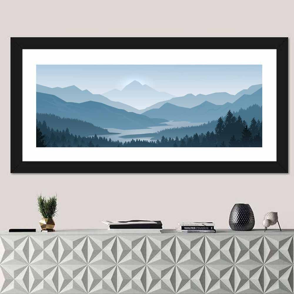 Misty Mountain Lake Silhouette Wall Art in a room, panoramic