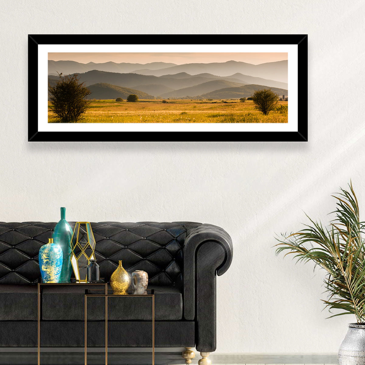 Golden Hour Countryside Hills Wall Art in a room, panoramic