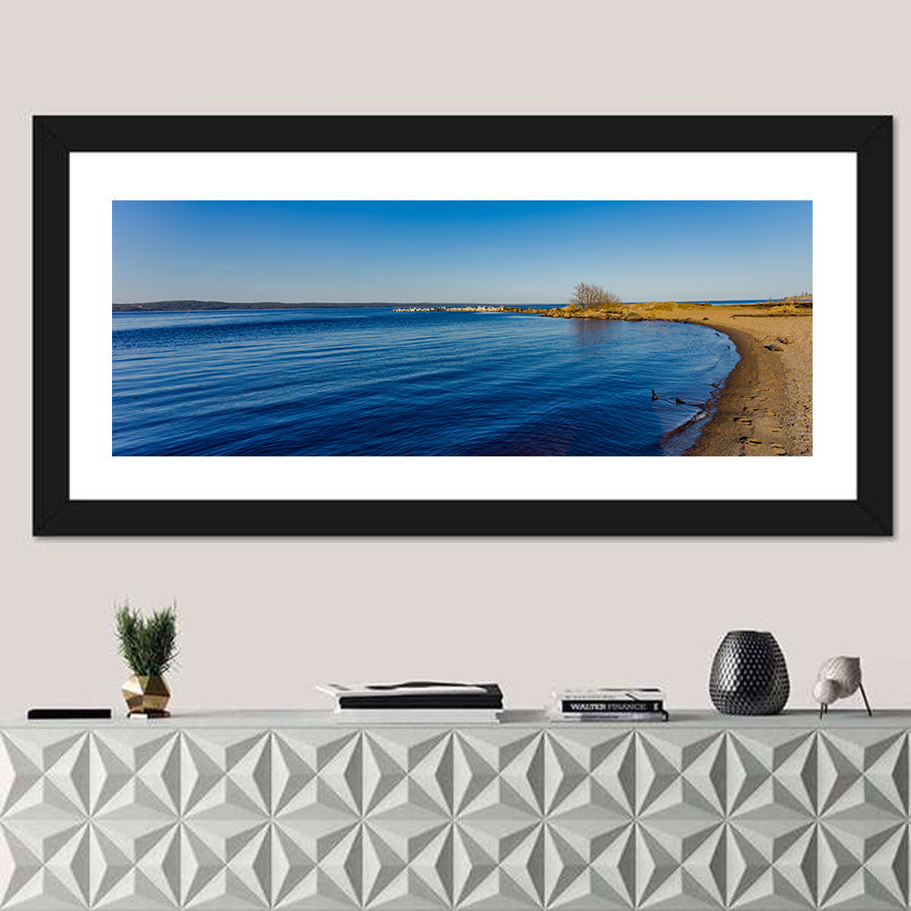 Lake Onega Shoreline Wall Art in a room, panoramic