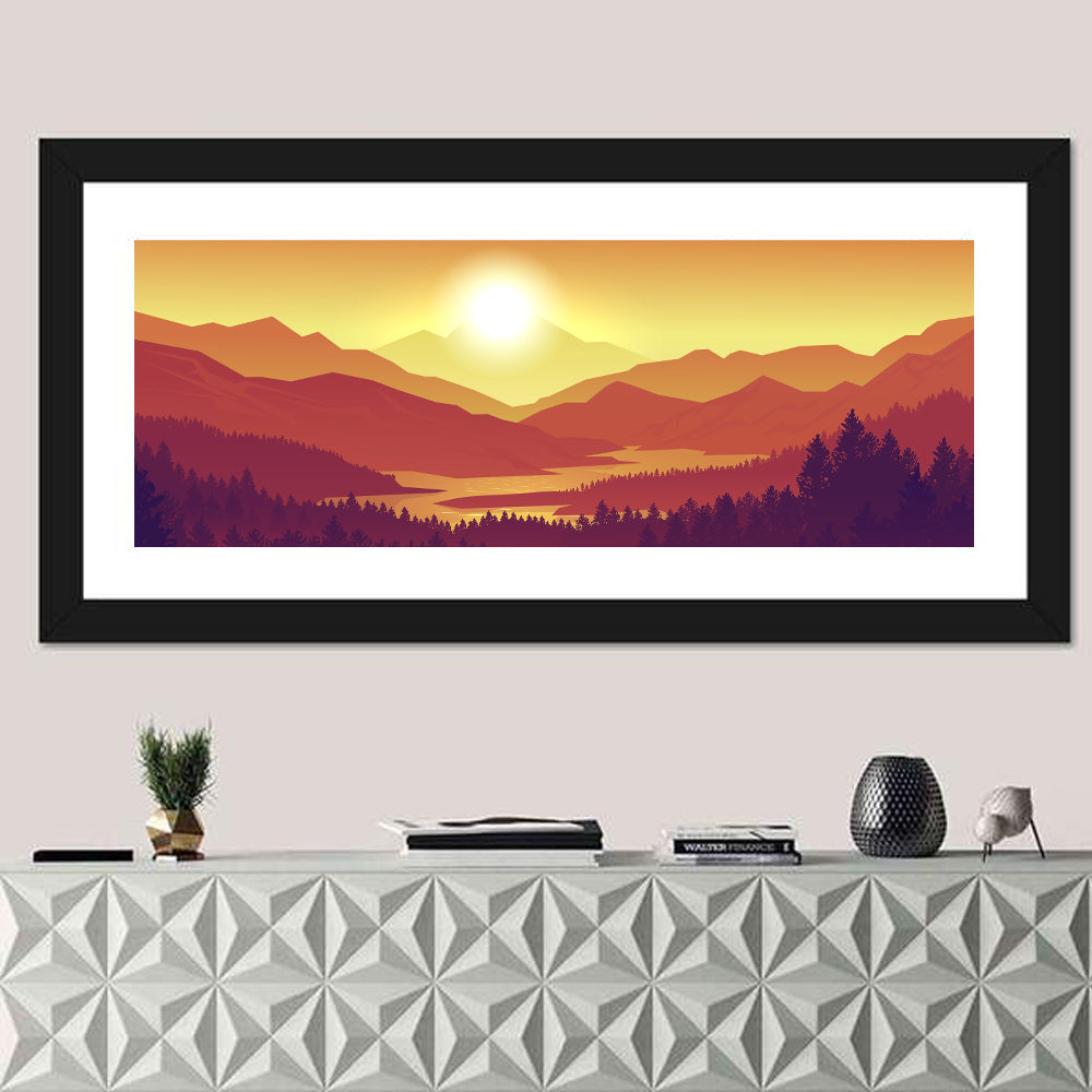 Sunset Pines and Layered Mountains Wall Art in a room, panoramic