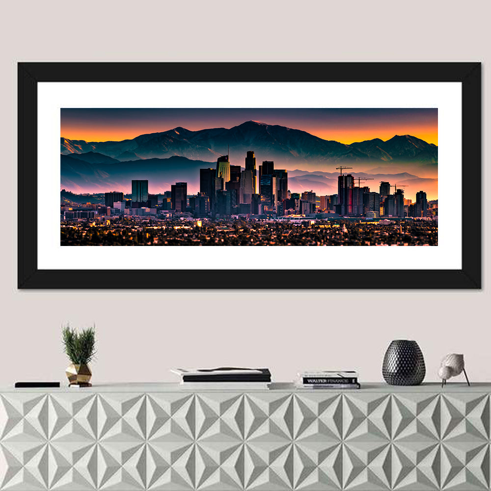 Downtown Los Angeles Skyline Wall Art in a room, panoramic