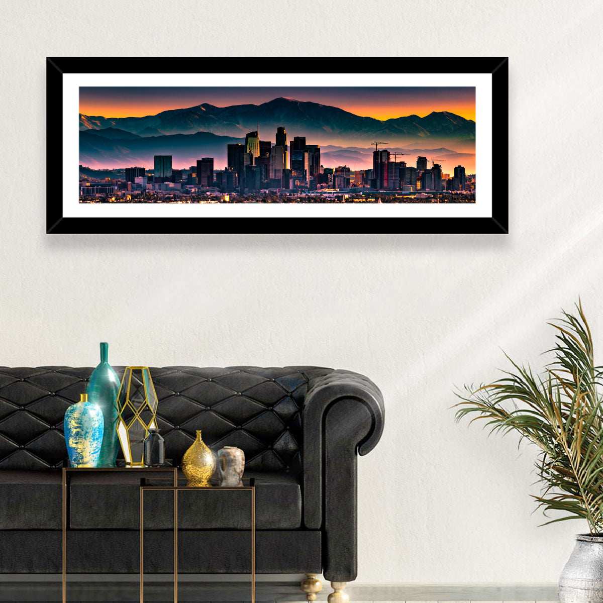 Downtown Los Angeles Skyline Wall Art in a room, panoramic