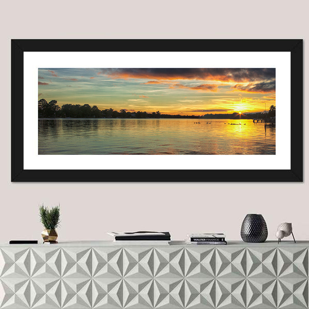 Lake Marion Golden Sunset Wall Art in a room, panoramic