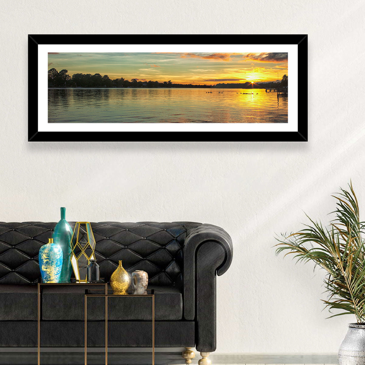 Lake Marion Golden Sunset Wall Art in a room, panoramic