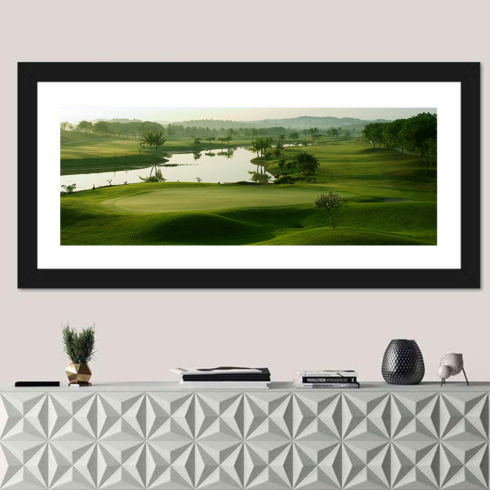 Golden Hour Putting Green by the Lake Wall Art in a room, panoramic