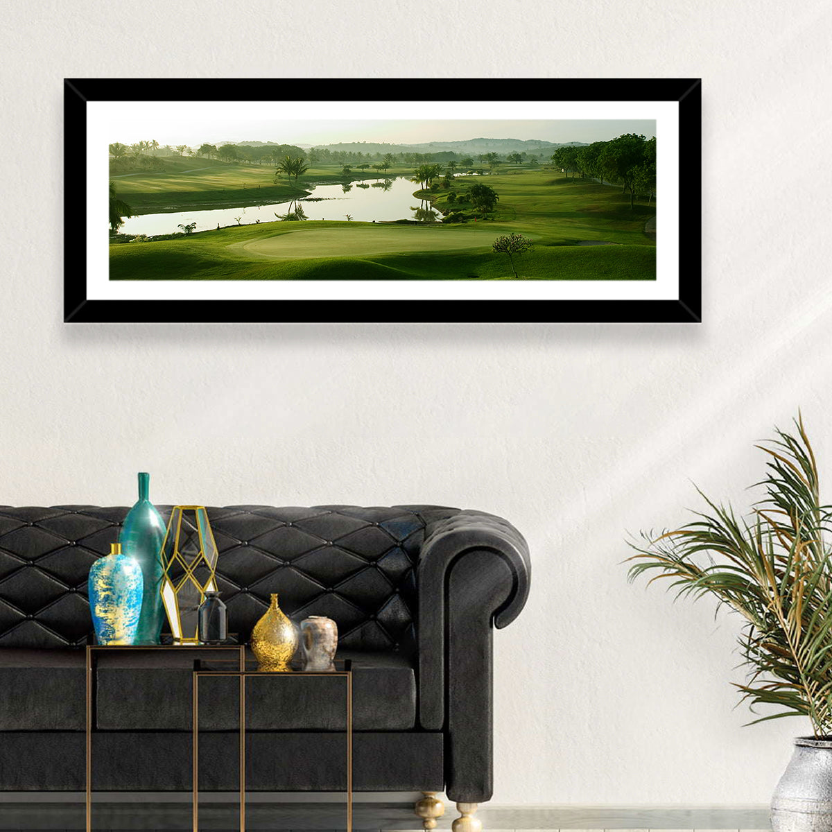 Golden Hour Putting Green by the Lake Wall Art in a room, panoramic