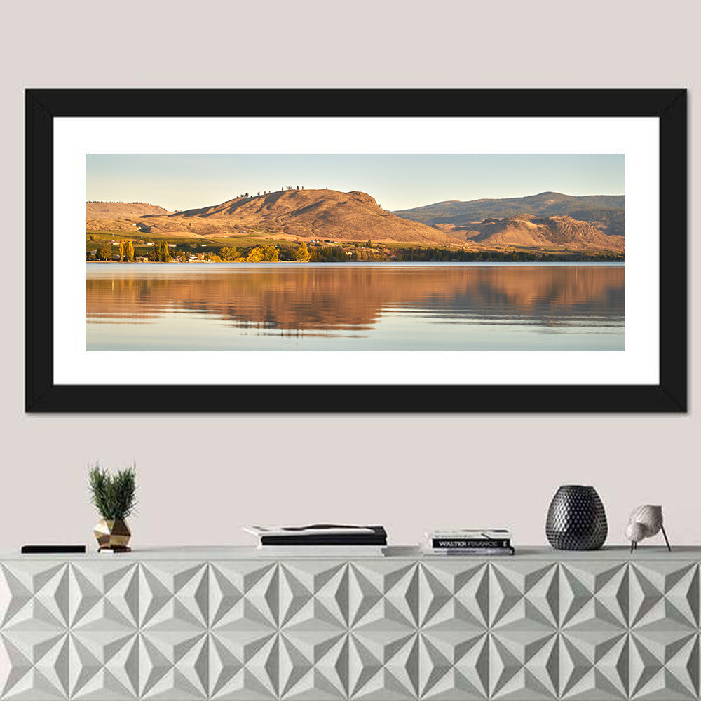 Osoyoos Lake Moonlit Reflection Wall Art in a room, panoramic
