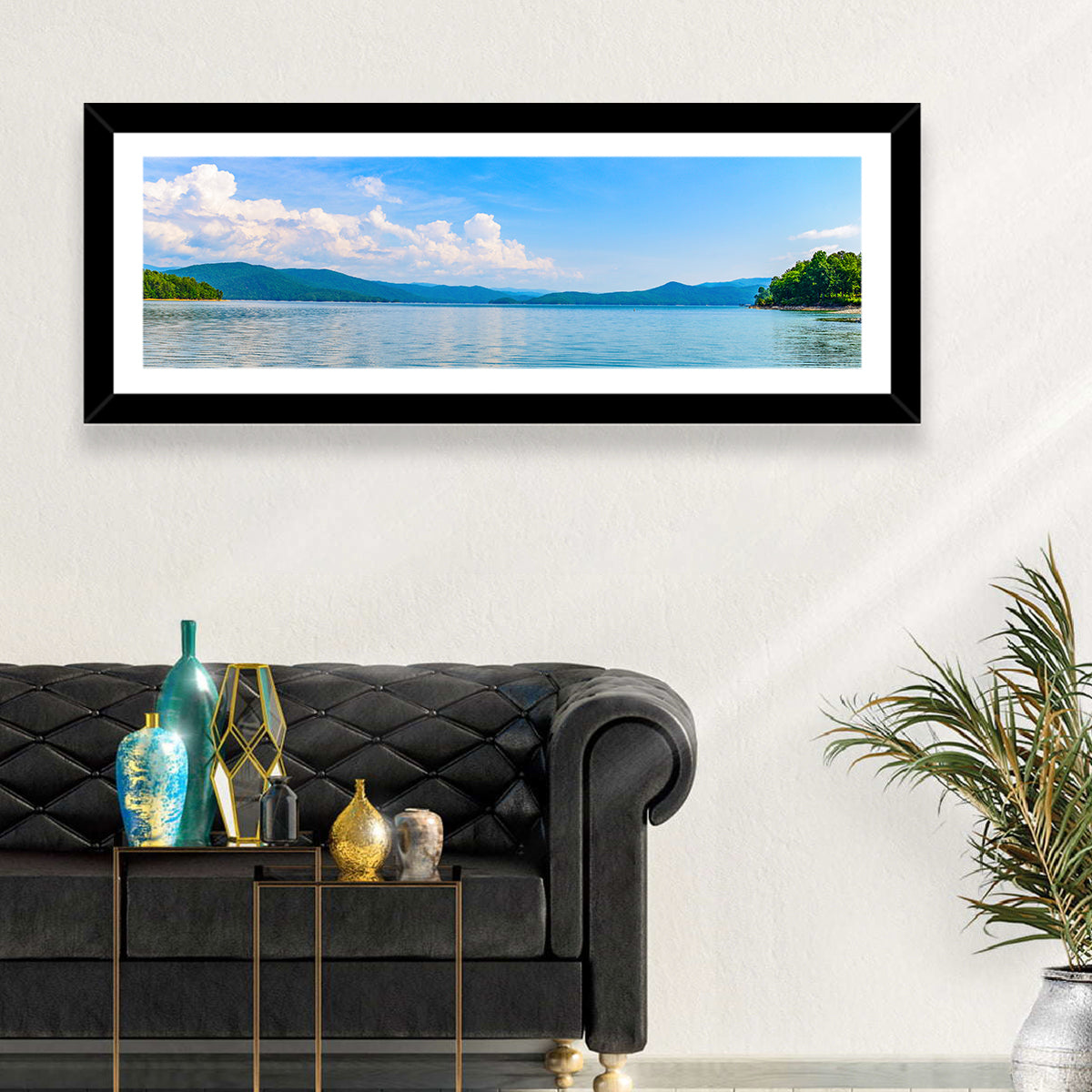 Lake Jocassee Wall Art in a room, panoramic