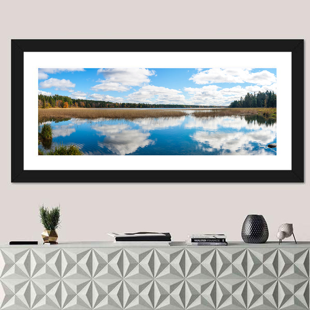 Lake Itasca Reflection Wall Art in a room, panoramic
