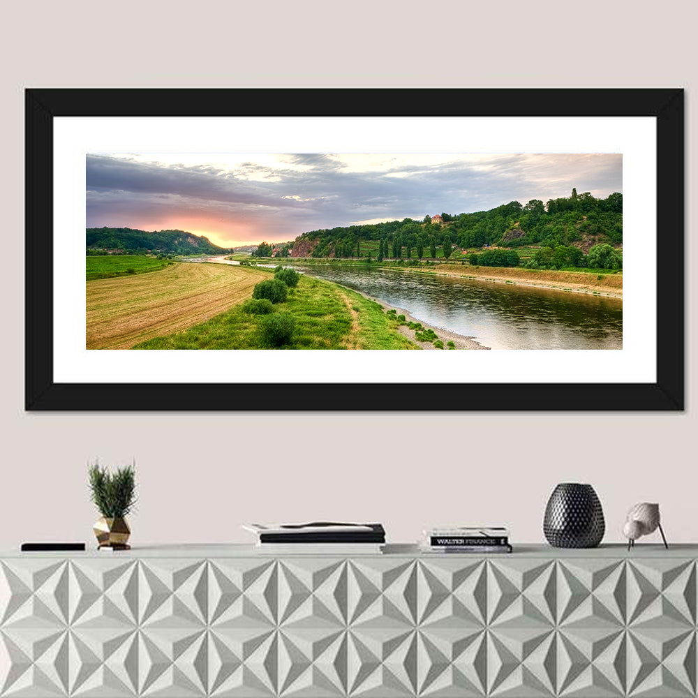 Elbe River at Golden Hour Wall Art in a room, panoramic