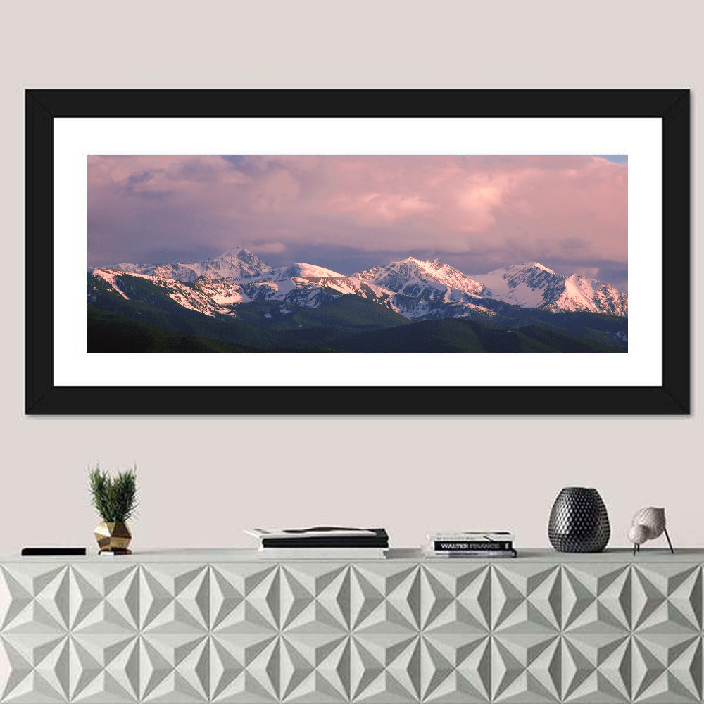 Spanish Peaks Alpenglow Montana Wall Art in a room, panoramic