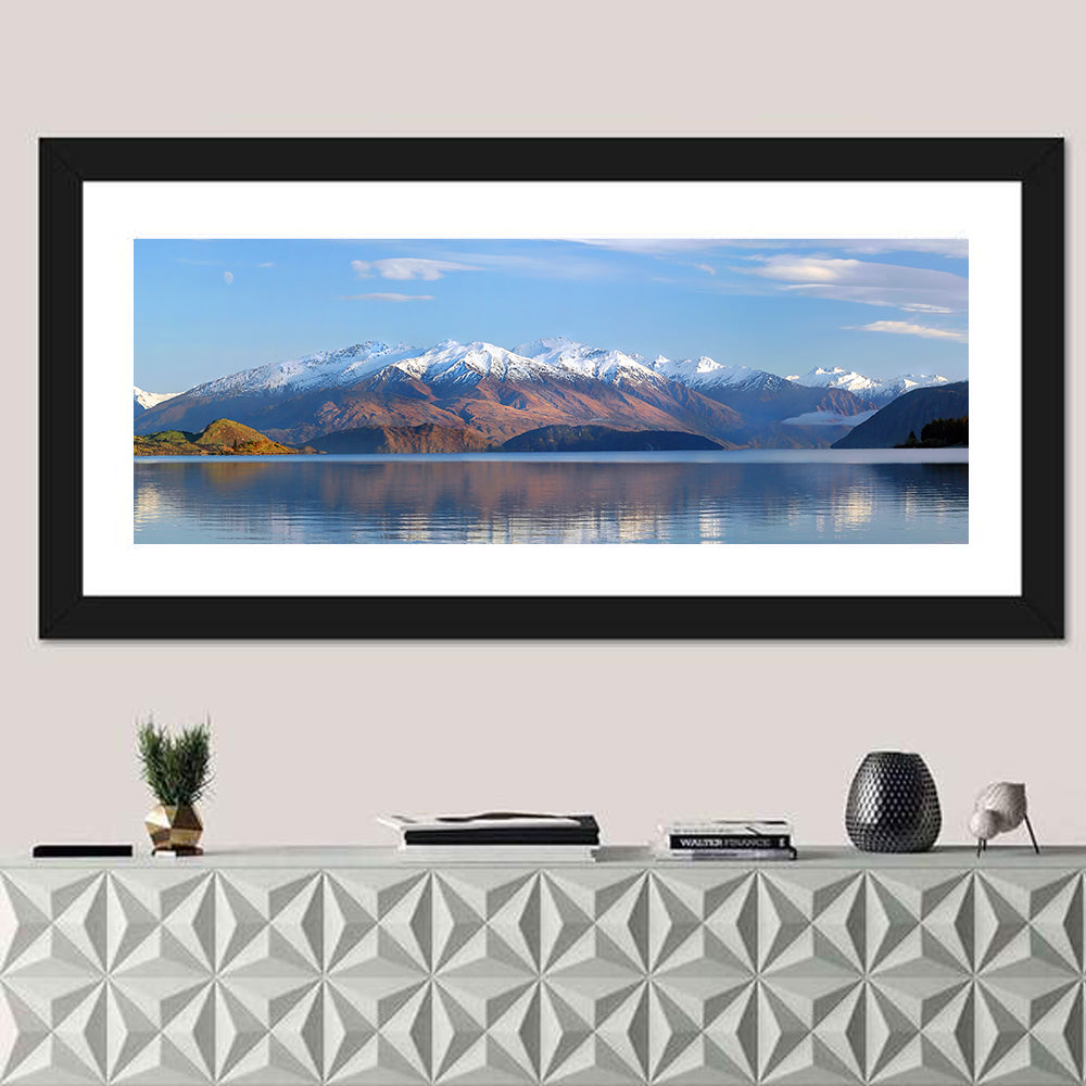 Lake Wanaka Morning Light Wall Art in a room, panoramic