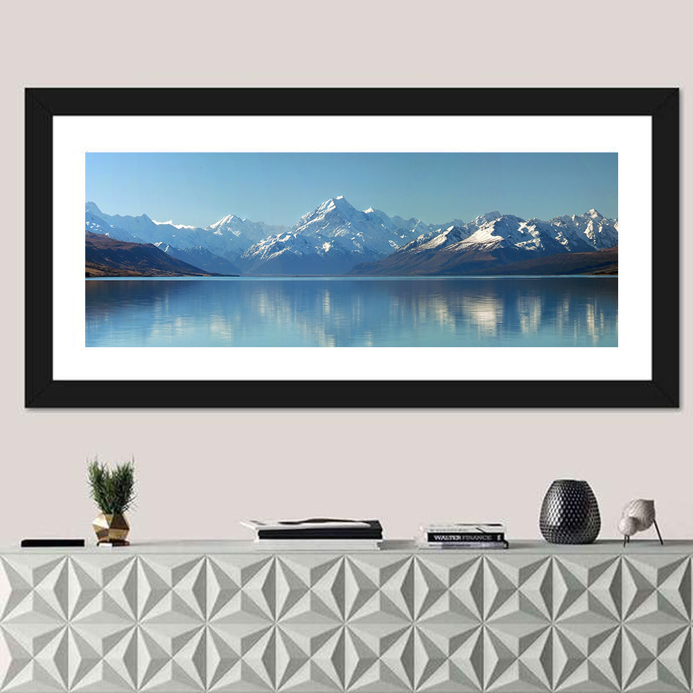 Aoraki Reflection Over Lake Pukaki Wall Art in a room, panoramic