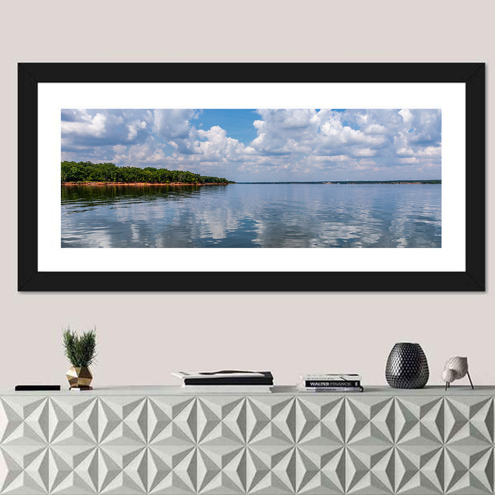 Thunderbird Lake Reflections Wall Art in a room, panoramic