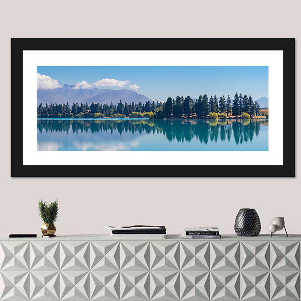 Lake Ruataniwha Reflection Wall Art in a room, panoramic