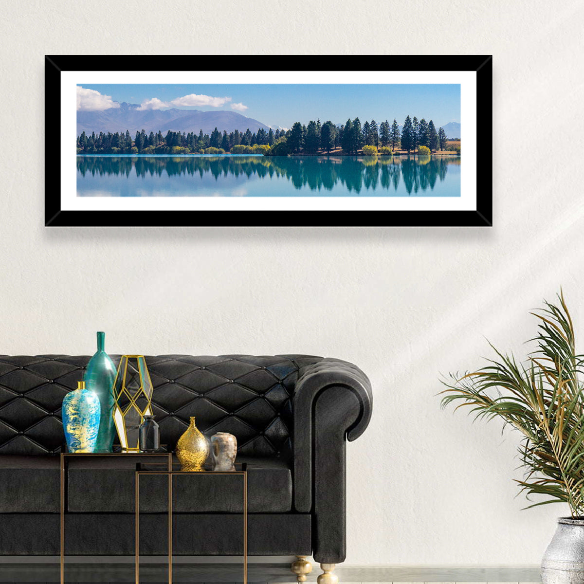 Lake Ruataniwha Reflection Wall Art in a room, panoramic