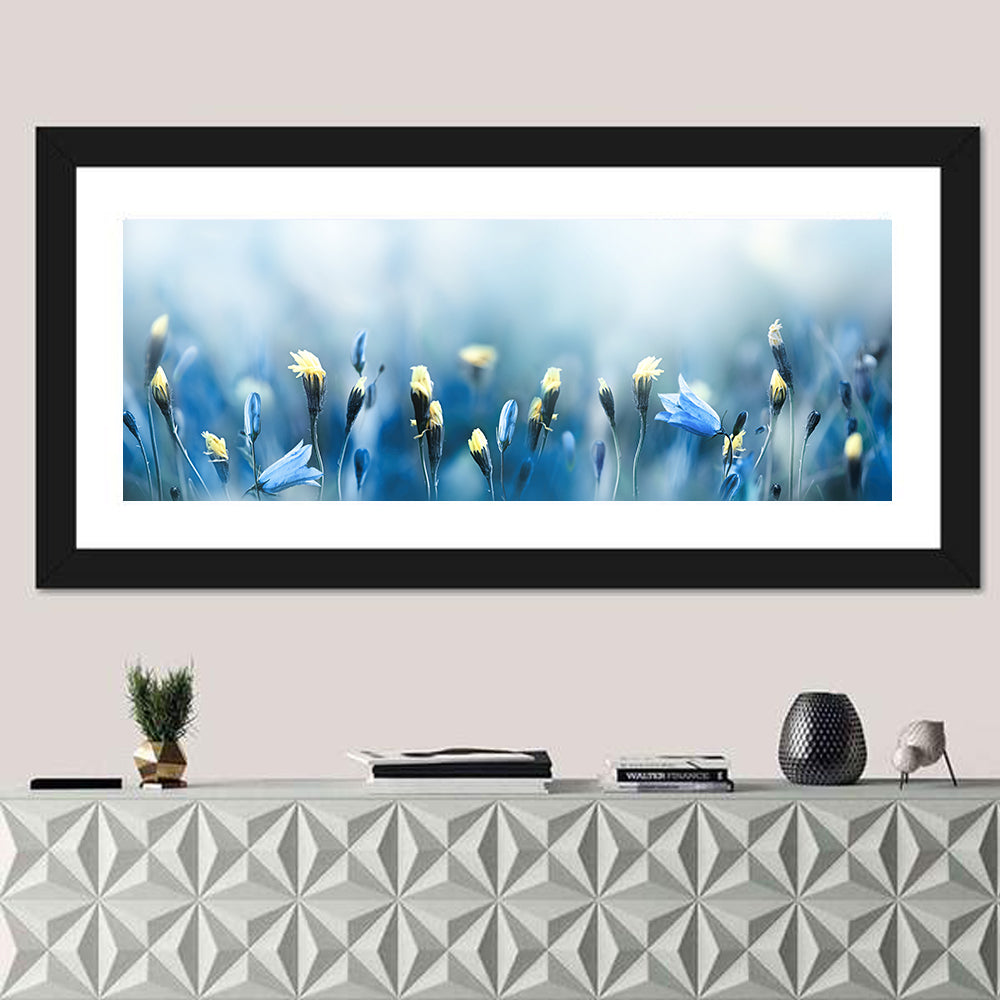Blue Bellflowers and Yellow Buds Wall Art in a room, panoramic