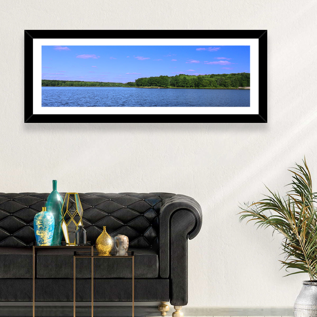 Pierce Lake Shoreline Wall Art in a room, panoramic