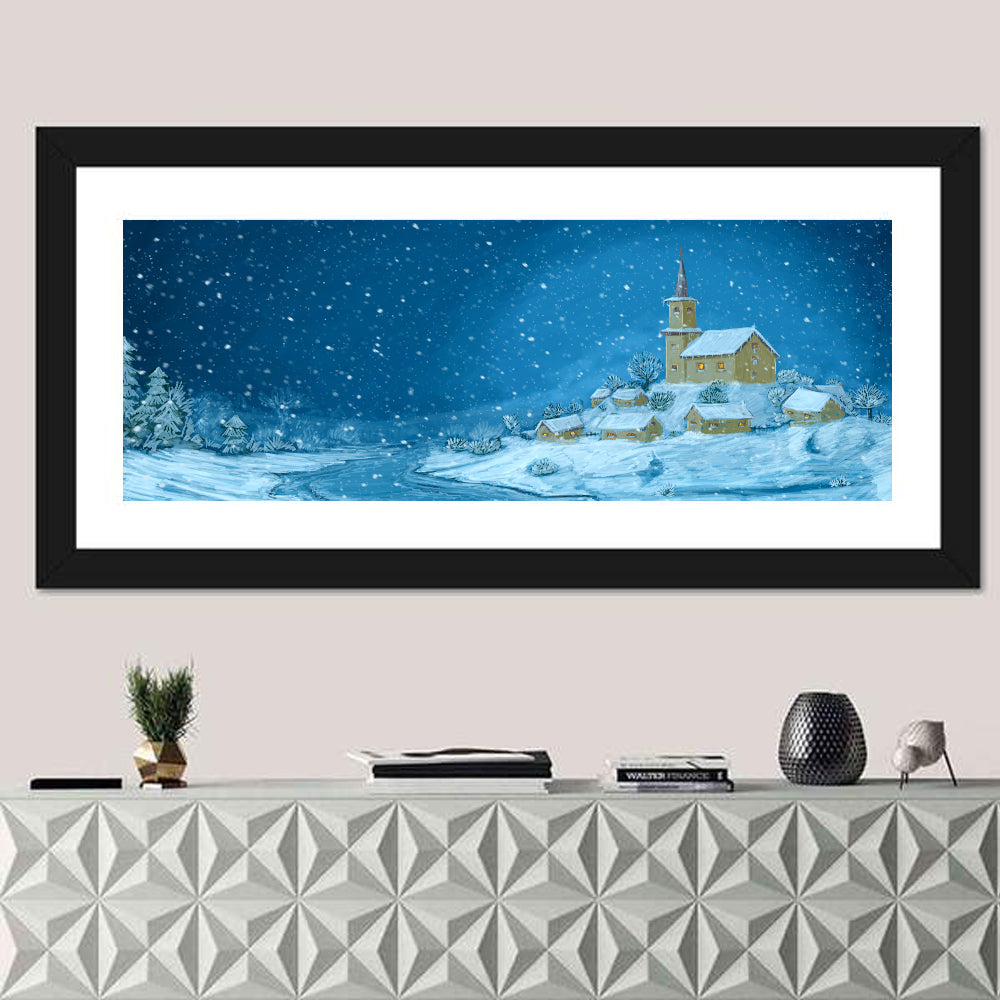 Snowy Winter Village Night Wall Art