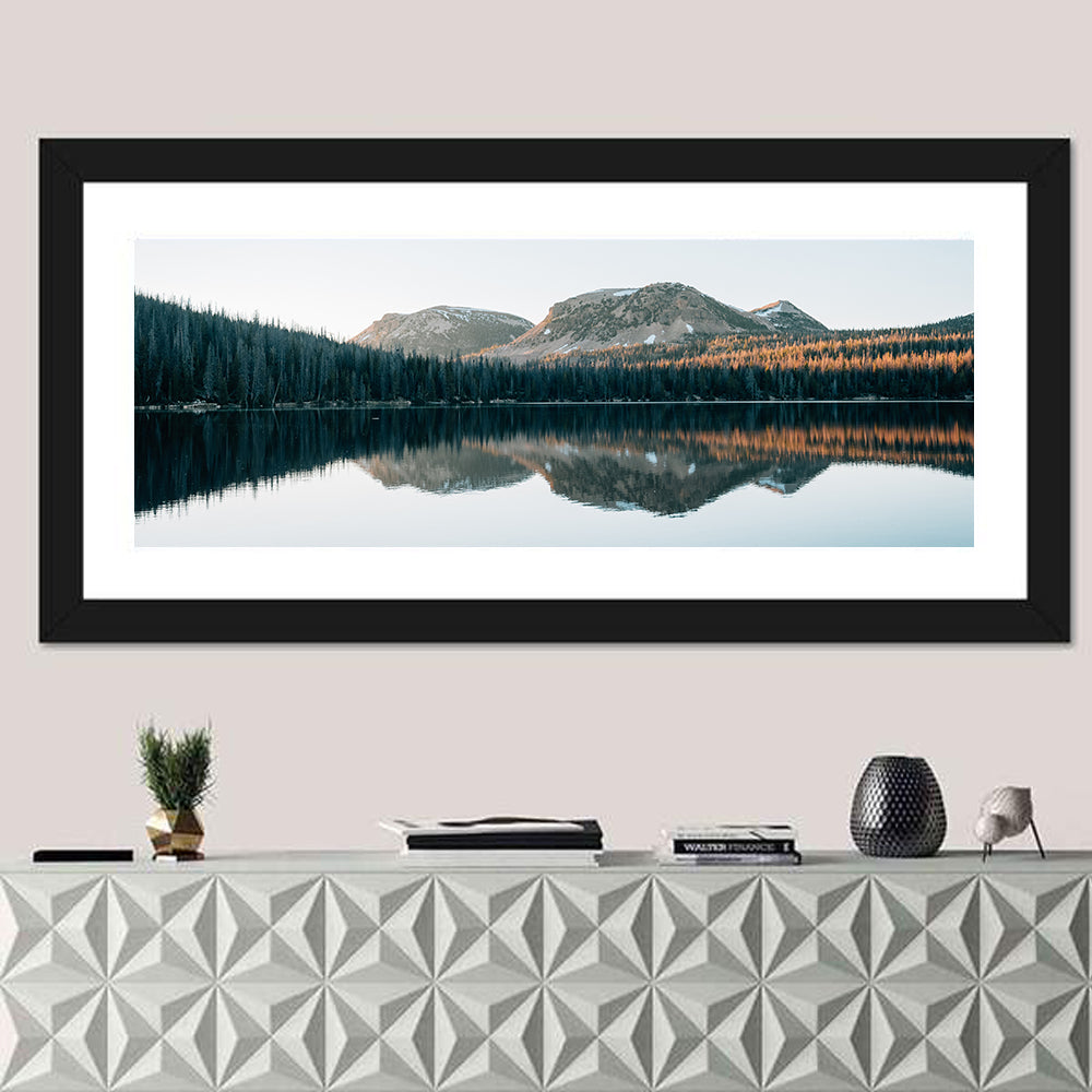 Mirror Lake Utah Reflection Wall Art in a room, panoramic