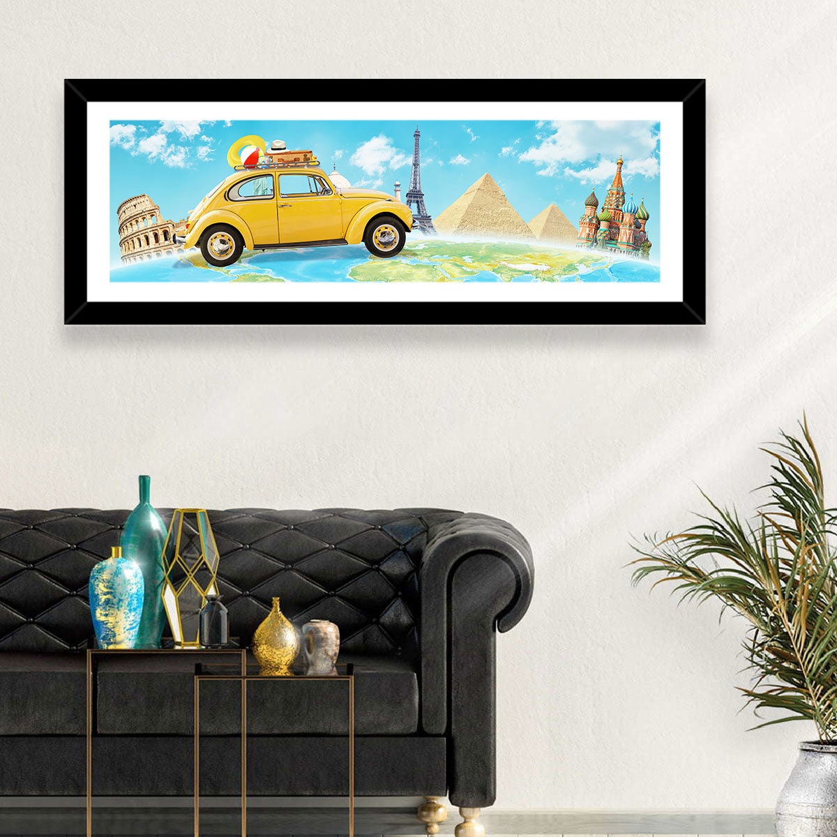 Yellow Beetle World Road Trip Wall Art in a room, panoramic