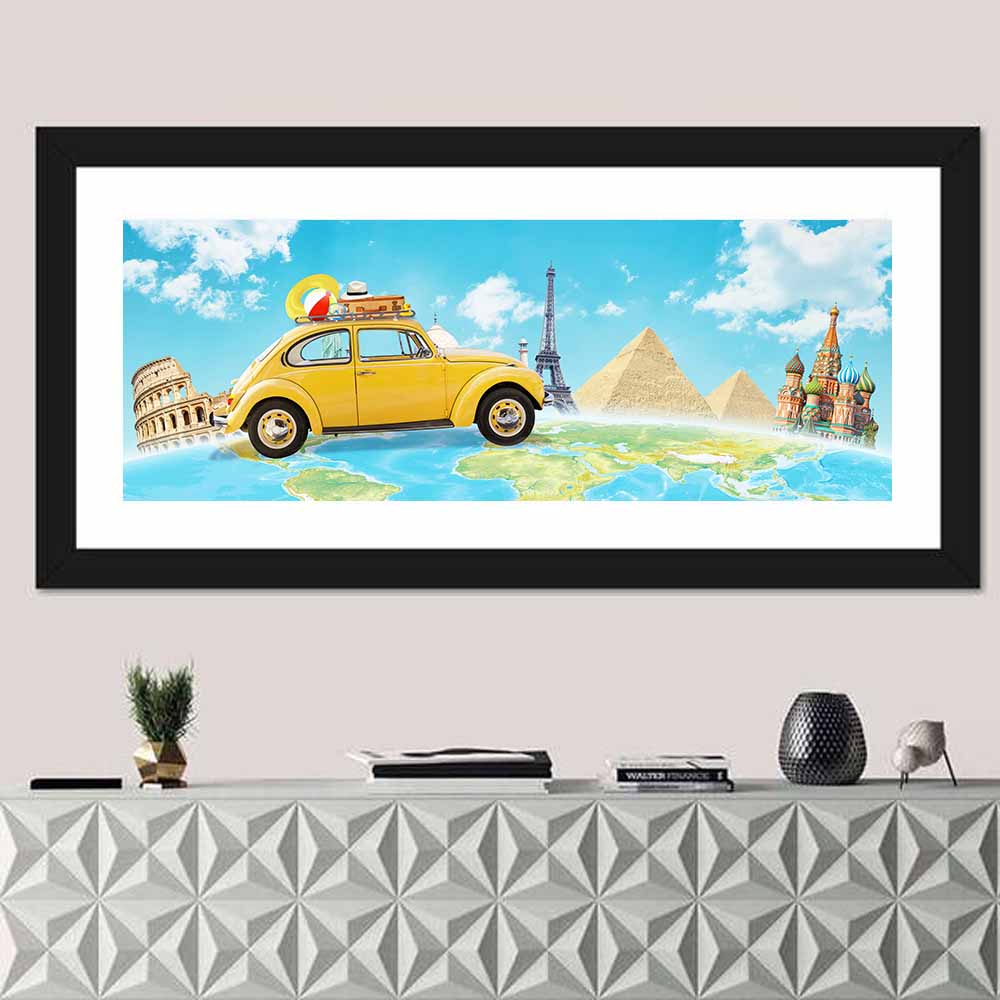 Yellow Beetle World Road Trip Wall Art in a room, panoramic