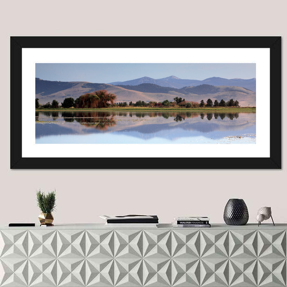 Mission Valley Lake Reflection Wall Art in a room, panoramic