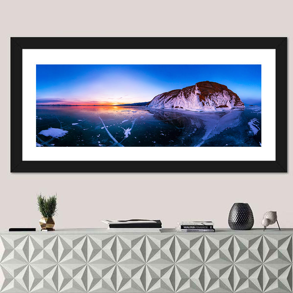 Lake Baikal Winter Sunset Wall Art in a room, panoramic