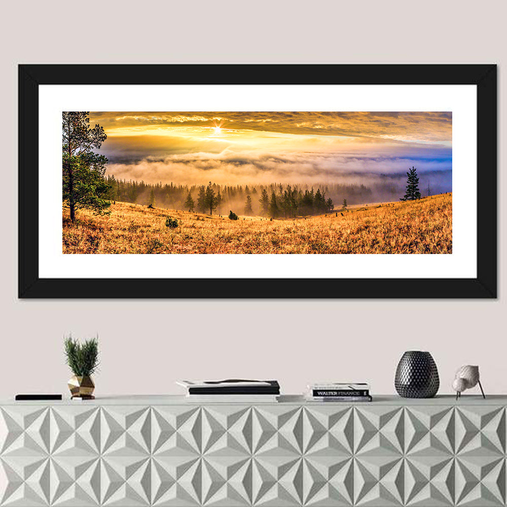 Ural Taiga Sunrise Wall Art in a room, panoramic