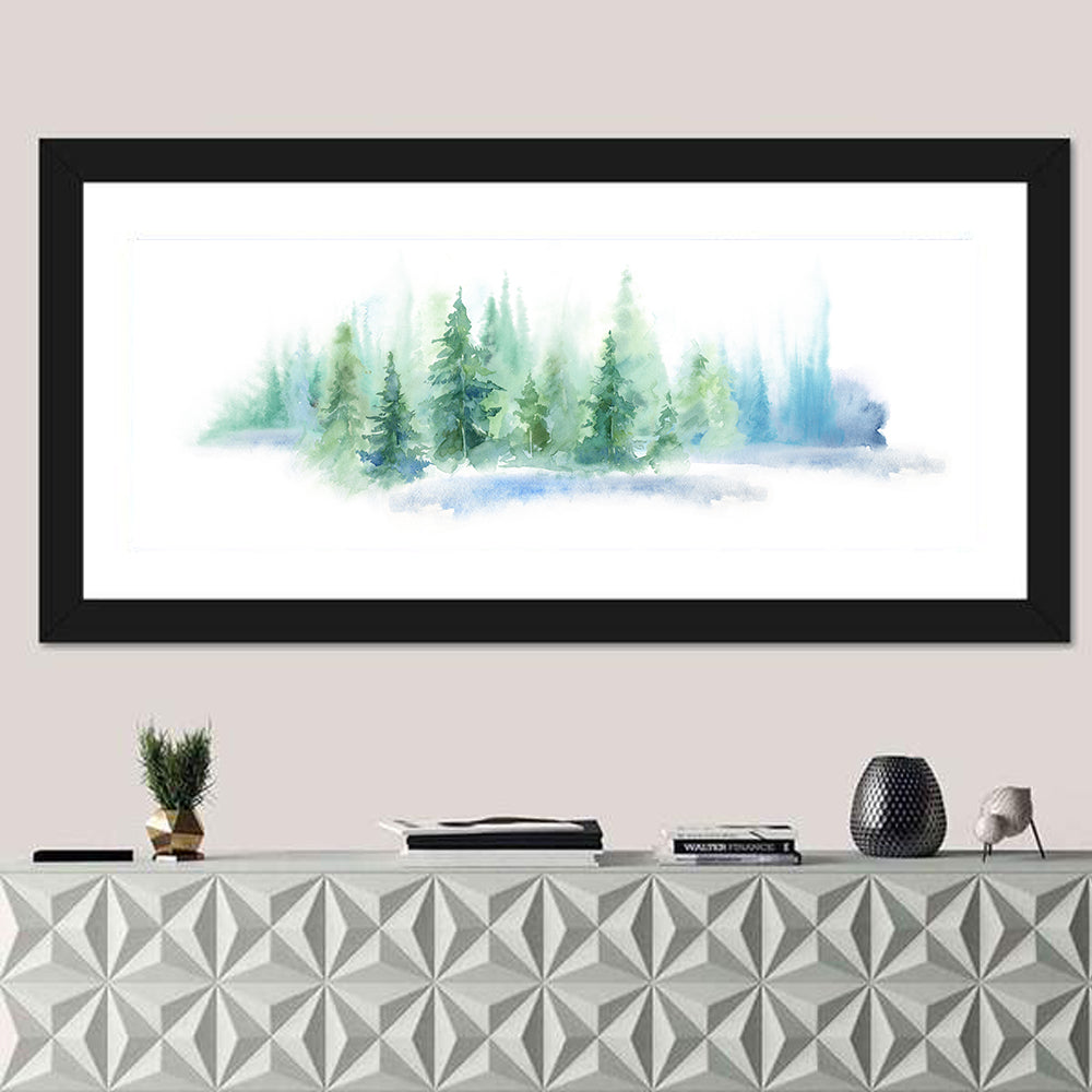 Misty Pine Forest Watercolor Wall Art in a room, panoramic