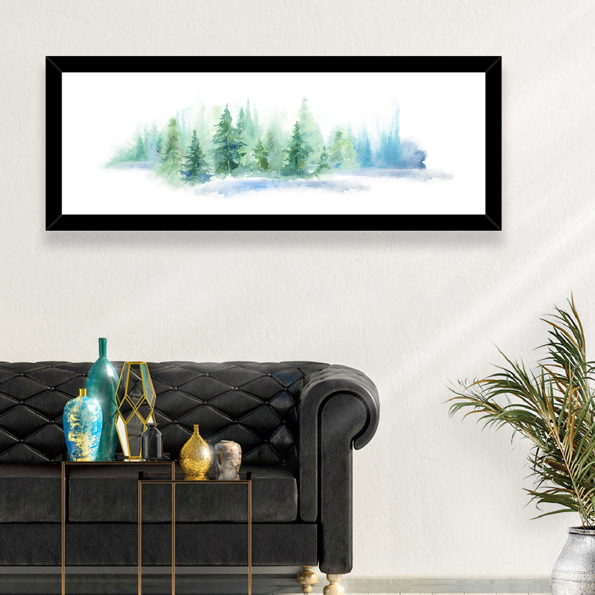 Misty Pine Forest Watercolor Wall Art in a room, panoramic
