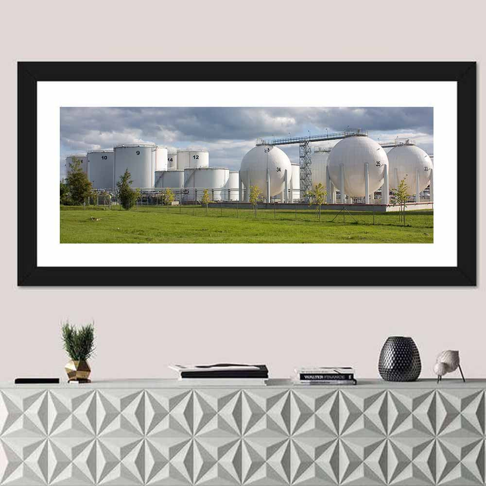 Numbered Industrial Storage Tanks Wall Art in a room, panoramic