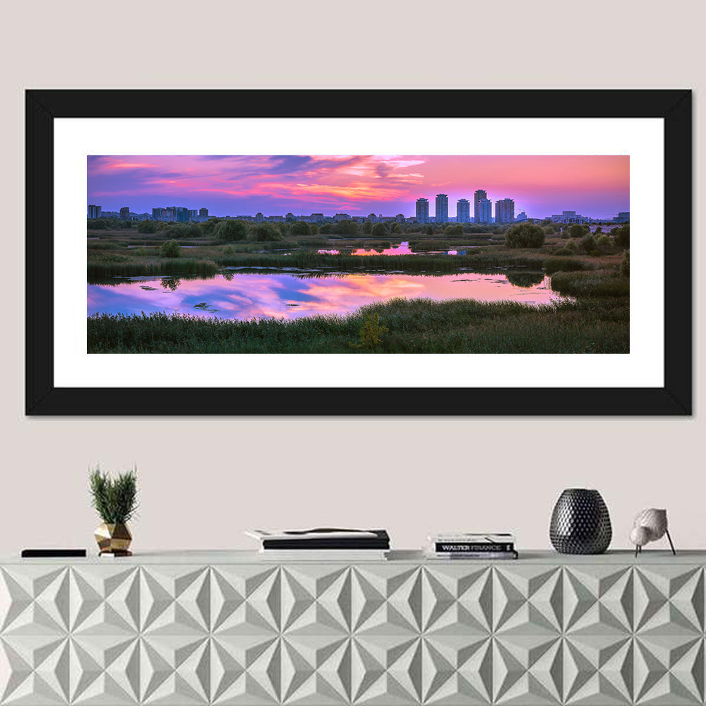 Vacaresti Park Sunset Reflection Wall Art in a room, panoramic